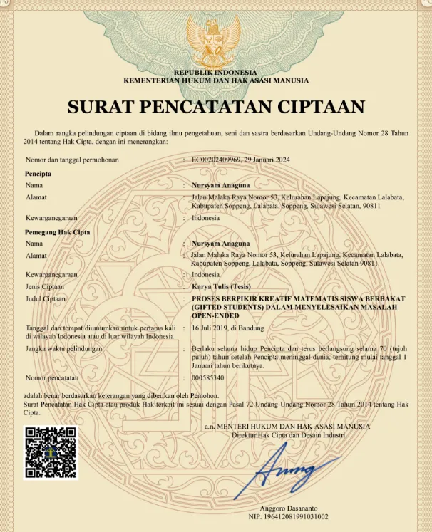 PROSES BERPIKIR KREATIF MATEMATIS SISWA BERBAKAT (GIFTED STUDENTS) DALAM MENYELESAIKAN MASALAH OPEN-ENDED